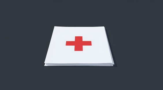 Stack of white papers featuring a red medical cross centered on the top page, set against a dark background.