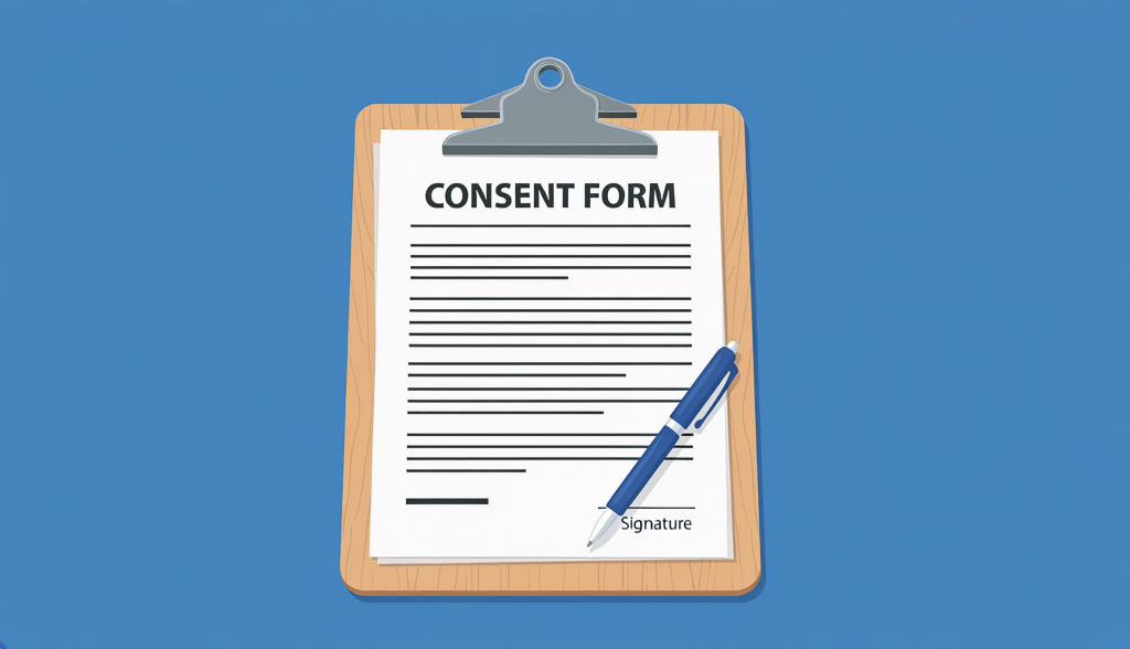 Illustration of a clipboard holding a document titled “Consent Form,” with lines of text and a signature line at the bottom, alongside a blue pen, set against a blue background.