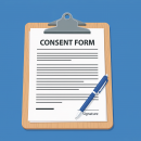 Illustration of a clipboard holding a document titled “Consent Form,” with lines of text and a signature line at the bottom, alongside a blue pen, set against a blue background.
