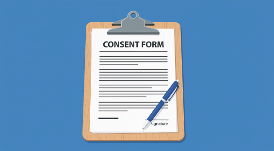 Illustration of a clipboard holding a document titled “Consent Form,” with lines of text and a signature line at the bottom, alongside a blue pen, set against a blue background.