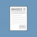 Illustration of a dental invoice showing billing details and a total amount due, with a tooth icon in the header against a blue background.