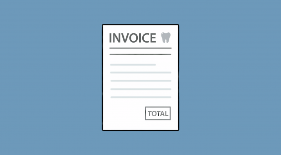 Illustration of a dental invoice showing billing details and a total amount due, with a tooth icon in the header against a blue background.