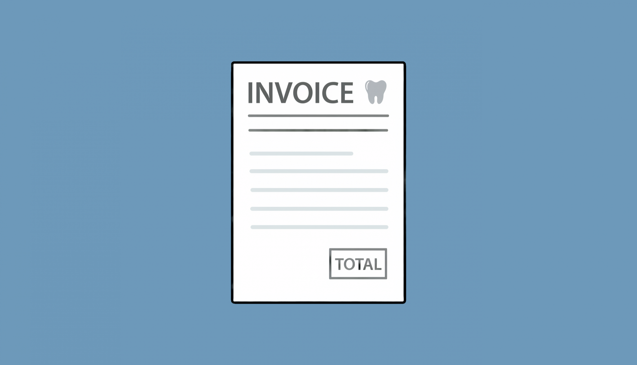 Illustration of a dental invoice showing billing details and a total amount due, with a tooth icon in the header against a blue background.