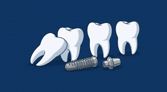 Illustration of four dental implants and implant components on a dark blue background.