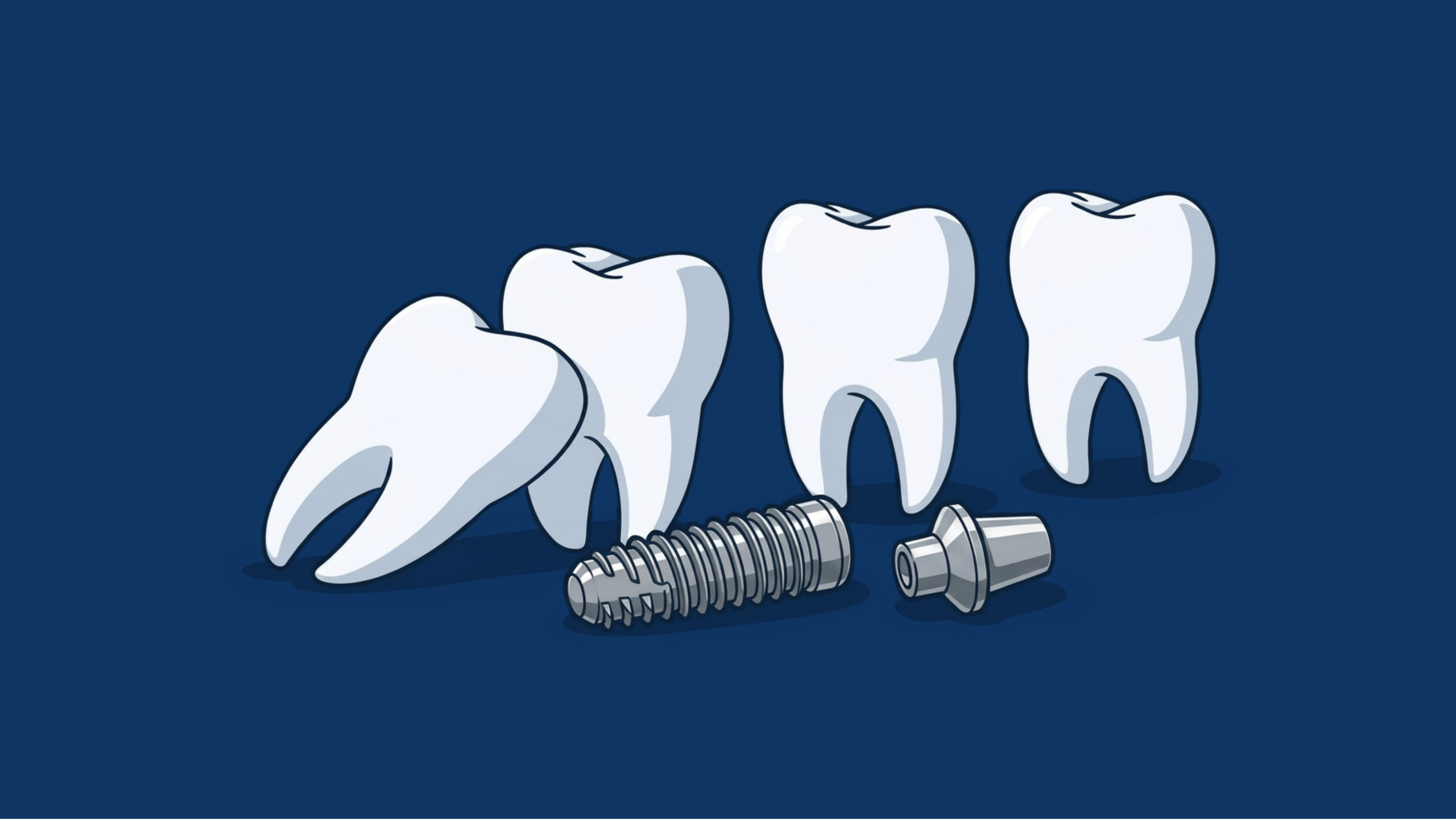Illustration of four dental implants and implant components on a dark blue background.