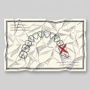 Illustration of a crumpled dental chart showing an upper arch of teeth, with one tooth marked by a red X, suggesting extraction or treatment.
