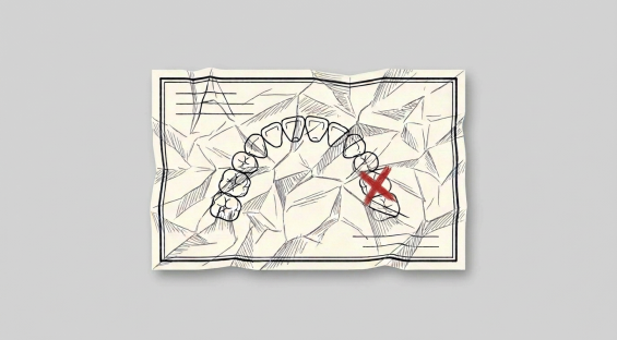Illustration of a crumpled dental chart showing an upper arch of teeth, with one tooth marked by a red X, suggesting extraction or treatment.
