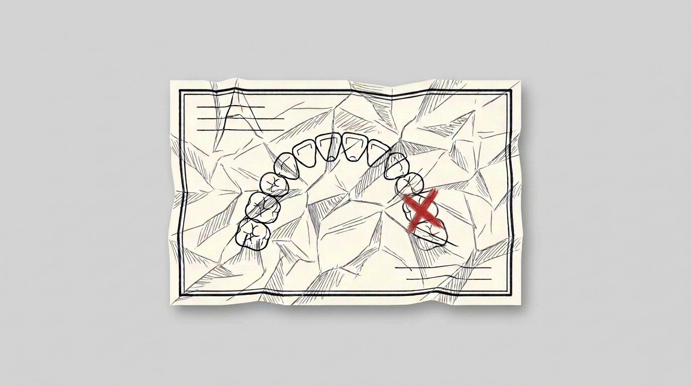 Illustration of a crumpled dental chart showing an upper arch of teeth, with one tooth marked by a red X, suggesting extraction or treatment.