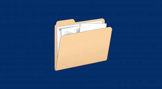 Illustration of an open file folder containing documents and charts on a dark blue background.