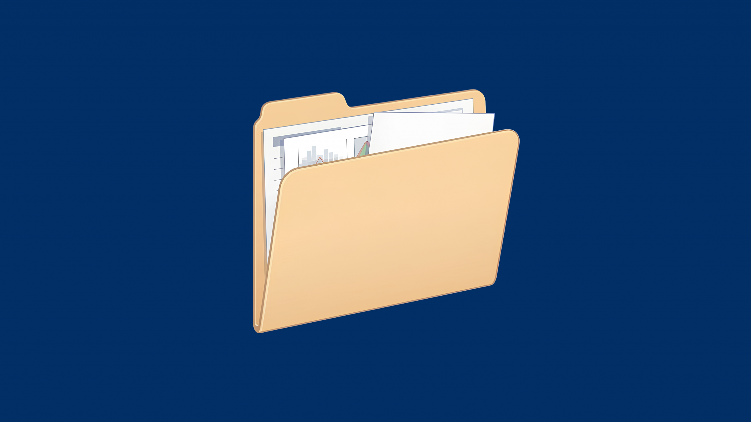 Illustration of an open file folder containing documents and charts on a dark blue background.